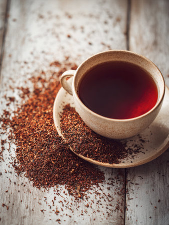 rustic ceramic mug filled with dark red rooibos tea on a matching saucer, surrounded by a generous spill of loose rooibos leaves. The setup sits on a bright, weathered, and textured white wooden table, emphasizing natural health and flavor.の素材