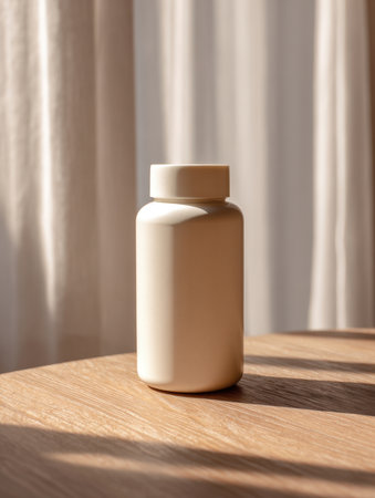 Earthy, blank, cream-colored bottle mockup perfect for health, beauty, or food supplements. Styled with natural lighting and soft, neutral fabrics for a serene, professional product showcase.の素材