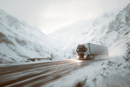 high-speed motion blur shot of a large commercial semi-truck driving on a snow-and-ice-covered mountain road, flanked by massive snowy peaks. The bright headlights cut through the heavy fog and blizzard conditions, emphasizing extreme cold transport.の素材