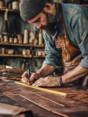 shot of a bearded artisan wearing a leather apron and knit cap, meticulously measuring and marking a large piece of brown leather with a pen and tape measure in his dimly lit, rustic workshop, emphasizing handmade quality and traditional craft.の素材