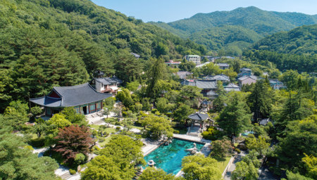 A stunning aerial view of a traditional Korean temple complex or Hanok village, featuring beautiful dark-tiled roofs, lush green courtyards, a vibrant turquoise reflecting pool, and a backdrop of densely forested mountains on a sunny day.の素材