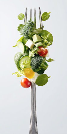 Close-up of a large metal fork holding a fresh, vibrant, and colorful bite-sized salad featuring broccoli, tomatoes, spinach, cucumber, and cheese, against a clean white backdrop. Represents healthy eating and dieting.の素材