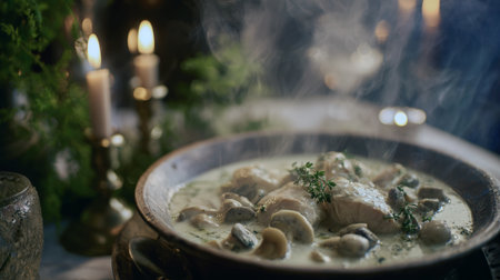 Rich, steaming chicken and mushroom creamy stew served in a rustic bowl. Garnished with thyme and photographed in a cozy, dark setting illuminated by warm candlelight. Focus on comfort food and fine dining.の素材