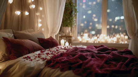 A romantic and cozy bedroom setting prepared for a special occasion, featuring a four-poster bed draped with sheer fabric, scattered rose petals, burgundy accents, heart-shaped string lights, and numerous candles illuminating rainy city window view.の素材
