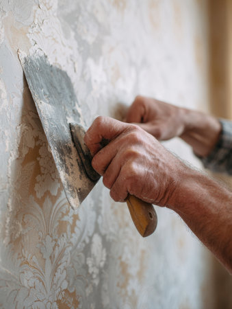 Closeup of a Skilled Worker's Hands Using a Wide Metal Spatula to Scrape and Remove Old, Patterned Wallpaper from a Wall During Home Renovation, Repair, and DIY Decorating Projects, Illustrating the Preparation Stage Before Repainting or New Coveringの素材