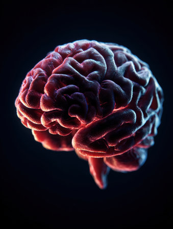 human brain, featuring realistic texture and illuminated with glowing red and blue light on black background. Represents concepts of intelligence, thought, medicine, technology, artificial intelligence (AI), creativity, and mental health awareness.の素材