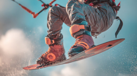 Extreme Low-Angle Closeup Shot Capturing the Board, Boots, and Legs of a Kiteboarder Performing a High Jump and Trick Against a Bright, Slightly Cloudy Sky, Emphasizing the Thrill, Adrenaline, and Dynamic Action of the Popular Water and Wind Sportの素材
