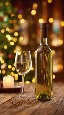 Elegant Vertical Shot of an Unlabeled Bottle of White Wine and a Filled Glass Resting on a Rustic Wooden Table, Warmly Lit by a Candle and the Blurred Bokeh Glow of a Decorated Christmas Tree and Holiday Lights in a Cozy, Festive Atmosphereの素材
