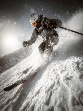 Dramatic Vertical Low-Angle Shot of an Extreme Skier in Full Gear Carving Down a Powder Slope at High Speed, Kicking Up Massive Snow Spray Against a Bright, Snowy Sky, Emphasizing Winter Sports Action and Adrenalineの素材