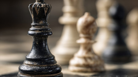 well-used black king chess piece, standing prominently on a vintage board. The shallow depth of field blurs other pieces in the background, emphasizing strategy, intellectual games, leadership, competition, and complex decision-making.の素材