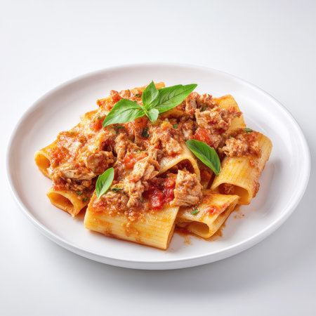 Authentic Italian Paccheri Pasta Served on a White Plate, Generously Topped with a Rich, Homemade Tuna Ragu Sauce (Tonno), and Garnished with Fresh Green Basil Leaves, Photographed Against a Clean White Background for Food, Cuisine, and Menu Designの素材