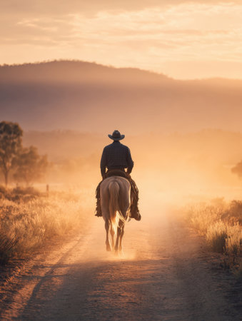 man in a cowboy hat and plaid shirt riding a horse down a dusty road at sunset. The warm, golden light and dust trail create a dramatic atmosphere, evoking themes of western life, adventure, freedom, solitude, and rugged exploration.の素材