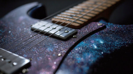Extreme Closeup of a Custom Electric Guitar Body and Neck, Featuring a Unique Sparkling Galaxy Finish with Blue and Purple Glitter, Showcasing the Pickups, Strings, and Frets for Music, Cosmic Design, and Rock Instrument Themesの素材