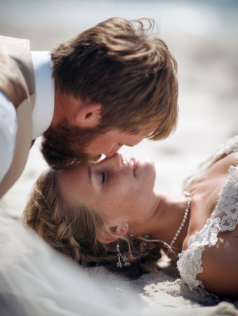 Intimate Moment of a Newlywed Couple on a Sandy Beach: Emotional Close-Up of a Groom Gently Kissing his Bride's Forehead, Showcasing Deep Love, Affection, Romance, and Joy on their Wedding Day Ceremony in Bright Sunlightの素材