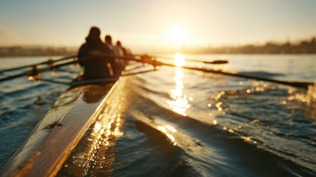 rowing shell gliding on the water as the sun sets, casting a brilliant golden glare on the water and the boat's hull. The silhouetted crew and blurred background emphasize motion, training, unity, and the beauty of the sport at dawn or dusk.の素材