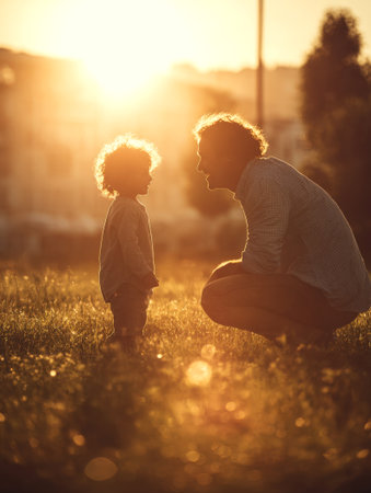 heartwarming moment captured at sunset, highlighting beautiful connection between a father and his young child in dreamy, back-lit outdoor setting. Themes of family, parenthood, childhood, love. Warm, golden light creates nostalgic atmosphereの素材