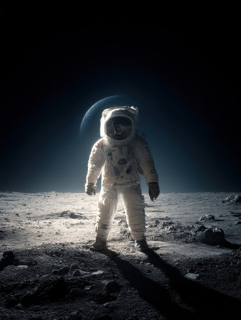 Dramatic Vertical Shot of an Astronaut in a White Suit Standing Alone on the Cratered, Dusty Lunar Surface, Illuminated by a Spotlight, with the Curved Horizon of the Blue Earth or Planet Looming in the Dark Space Skyの素材