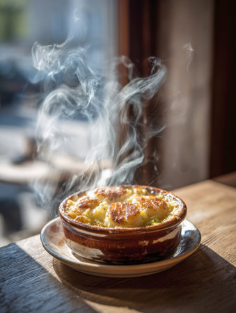Steaming Hot and Freshly Baked Savory Gratin in a Rustic Ceramic Bowl. A Delicious Single-Serving Casserole Topped with Melted Cheese and Cream, Captured with Dramatic Vertical Composition and Clear Steam Rising in Window Sunlightの素材