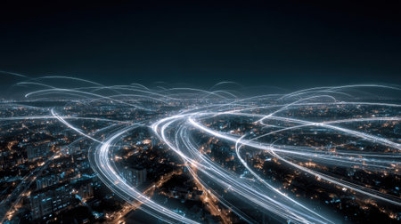 An abstract, futuristic aerial view of a city at night overlaid with brilliant, flowing light trails and data lines, symbolizing global digital connectivity, high-speed networking, technology infrastructure, and telecommunication systems.の素材