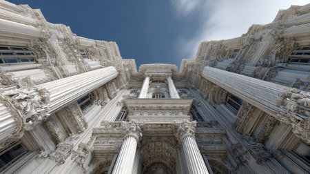 An intensely detailed, low-angle perspective worm's-eye view of an opulent, highly ornate white marble architectural facade, featuring towering classical columns and intricate baroque or rococo stonework under a bright sky.の素材