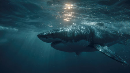 A powerful and dramatic underwater image of a Great White Shark swimming near the surface in deep blue water. The sun's rays pierce the water, creating thrilling and atmospheric contrast, perfect for themes of ocean life, nature, danger, and wildlifeの素材
