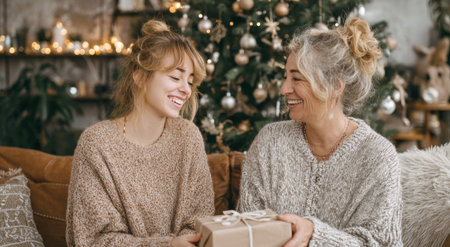 authentic moment of a mother and daughter sharing a wrapped gift and a laugh while sitting genuine together on cozy sofa, illuminated by the soft, ambient glow of Christmas decorations and tree lights, perfect for holiday, family, celebration themes.の素材