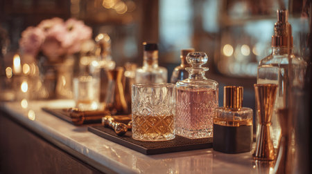 Close-up of a sophisticated bar counter featuring an elegant crystal whiskey glass, cut-glass decanters, brass cocktail jigger, and shaker. The background is softly blurred with warm, glowing bokeh lights, creating a high-end atmosphere.の素材