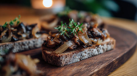Gourmet appetizer of caramelized onions and mushrooms served on toasted dark rye bread, garnished with fresh thyme. This delicious, rustic savory toast is presented on a wooden board in a warm, cozy setting, perfect for dinner, tapas, or a snack.の素材