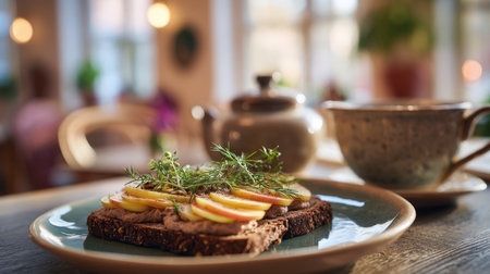 Close-up of a delicious, rustic open-faced sandwich featuring dark bread, pの素材