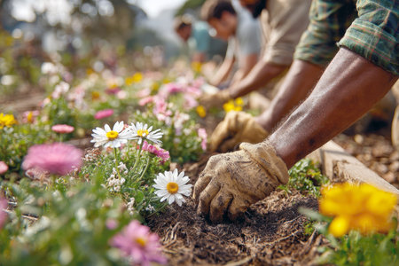 Focus on the hands of a dedicated gardener wearing dirty gloves, planting daisies and other colorful flowers in rich earth. This dynamic, sunlit image captures themes of environmental conservation, community volunteering, teamwork, springtime growthの素材