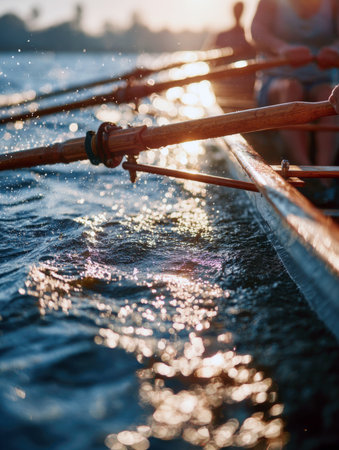 rowing crew on the water at sunrise or sunset. Focus is on the wooden oars and the sparkling, splashing water. Captures the speed, teamwork, fitness, and golden light of the sport. Ideal for motivational and sports themes.の素材