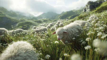 Close-up of a white sheep with thick, wooly fleece grazing in a vibrant green meadow dotted with white wildflowers. A large flock is blurred in the background, set against misty, rolling hills and a cloudy sky, showcasing rural natureの素材
