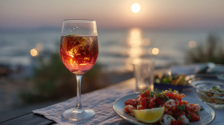 A beautiful, close-up shot of a wine glass holding a vibrant red cocktail, placed next to a plate of fresh seafood or tomato salad with a lemon slice, set on a table by the ocean at sunset, capturing a luxurious summer dining experience.の素材