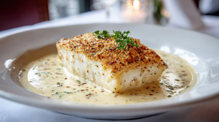 perfectly cooked fillet of white fish, possibly cod or halibut, featuring a golden, herb-infused crust. The fish is elegantly presented in a wide, white bowl, swimming in a rich, creamy butter sauce, symbolizing gourmet fine dining.の素材