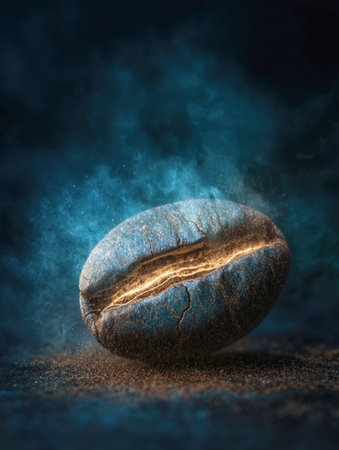 Striking macro image of a single coffee bean cracked open to reveal a glowing, golden energy core. The deep blue and dark background is accented by dramatic, sparkling dust and smoke. High-impact concept.の素材