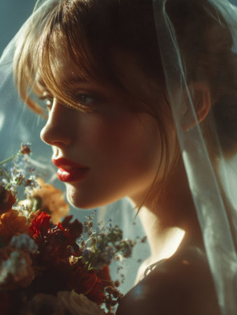 young bride holding a lush, colorful autumn-toned bouquet. She is partially obscured by a delicate white veil, with her face softly illuminated by side light, highlighting her red lipstick and creating a moody, romantic, and ethereal atmosphere.の素材