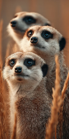 group of three alert meerkats (suricatas) standing upright in golden, sun-lit grasses, gazing upwards with serious expressions. This image beautifully captures their natural social behavior, vigilance, and sharp focus in the warm, dry African habitatの素材