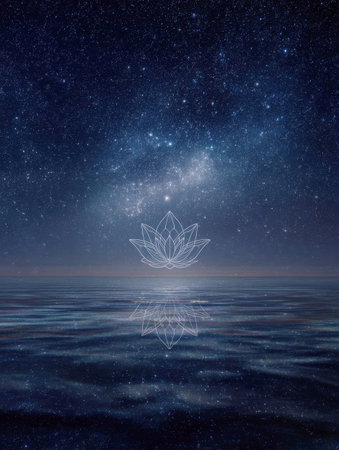 Minimalist Line Art Lotus Flower Symbol Floating Above Dark Water with the Milky Way Galaxy and Stars Reflected on the Surface - Ideal Background for Meditation, Yoga, Spirituality, Serenity, and Cosmic Wellness Conceptsの素材