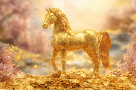 Majestic Golden Horse Statue Standing on a Heap of Shining Gold Coins and Surrounded by Brilliant Light and Pink Flowers, Symbolizing Wealth, Success, Luxury, Fortune, and Financial Power Fantasy Conceptの素材