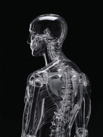 Detailed Profile View of a Transparent, Clear Acrylic Human Body and Skeleton Model Highlighting Skeletal and Muscular Structures for Education and Research.の素材