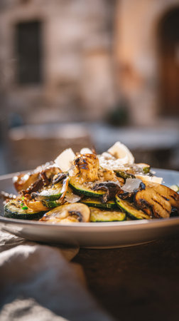 Appetizing food photography of perfectly charred, healthy, and flavorful grilled vegetables with rich cheese, beautifully plated for an al fresco dining experience in a sunny, rustic setting.の素材