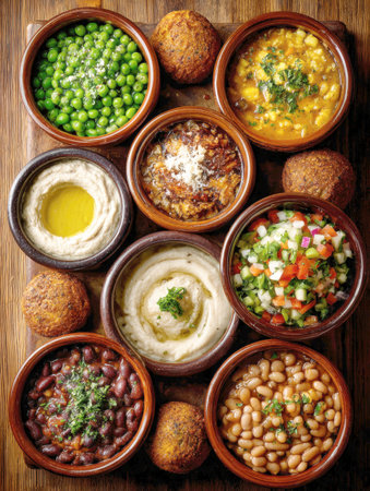 ?? Top-Down View of a Rich Middle Eastern Mezze Platter Featuring Hummus, Falafel, Fresh Salad, and Various Beans Served in Rustic Clay Bowls on a Wooden Surface.の素材