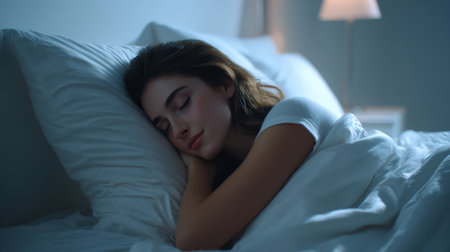 A serene and comfortable nocturnal scene showing a woman enjoying deep, restorative rest on a large pillow and duvet, conveying calm, tranquility, and the benefits of a good night's sleep.の素材