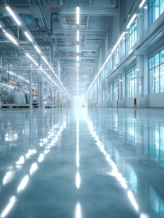 A wide-angle, cold-toned vertical shot of a large, sterile factory or semiconductor manufacturing plant floor, emphasizing depth, clean surfaces, and the bright, controlled environment.の素材