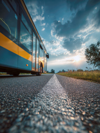 An atmospheric, low-angle shot of a blue and yellow city bus driving on an asphalt road at sunset. The perspective focuses sharply on the bright center line leading into the distance, conveying travel, public transit, and motion.の素材