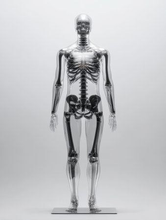 Stunning, detailed 3D rendering of a human skeleton model encased in a transparent, glass-like body, providing a clear visualization of the bone structure for educational, medical, and scientific presentations.の素材