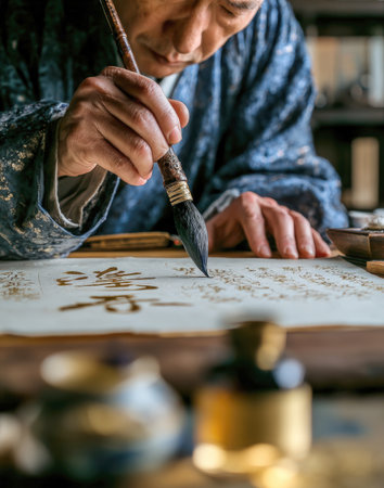 A high-resolution, vertical shot capturing the moment an elder Asian master performs Chinese or Japanese calligraphy, focusing on the ink brush, the character, and the traditional artistic concentration.の素材