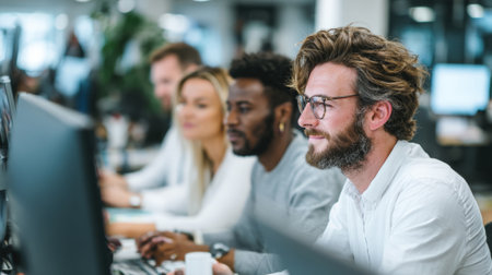A diverse group of professional colleagues working side-by-side on computers in a modern, open-plan office environment. Focus is on a handsome, thoughtful man with a beard and glasses, symbolizing collaboration, focused work, and teamwork in businessの素材