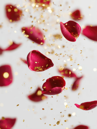 Vibrant red rose petals and shimmering gold glitter confetti caught in mid-air against a clean white background. A dynamic and luxurious image symbolizing romance, celebration, love, weddings, anniversaries, and holidays like Valentine's Day.の素材