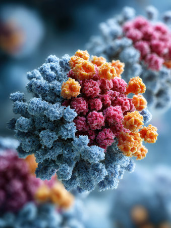 Detailed 3D Medical Illustration Close-Up View of a Multi-Colored Virus Structure or Complex Protein Molecule, Representing Science and Research.の素材